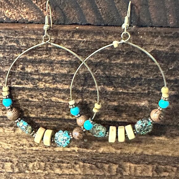 Handmade Western Hippie Copper Wire Colorful Wooden Beads Drop Earrings, Gift B - Picture 3 of 8